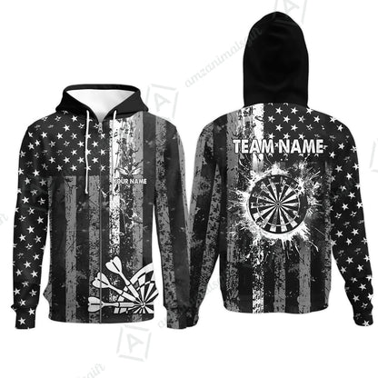 Customized Darts Zip Hoodie, Turquoise Grunge US Flag Patriotic Darts Zip Hoodie Jersey for Darts Players