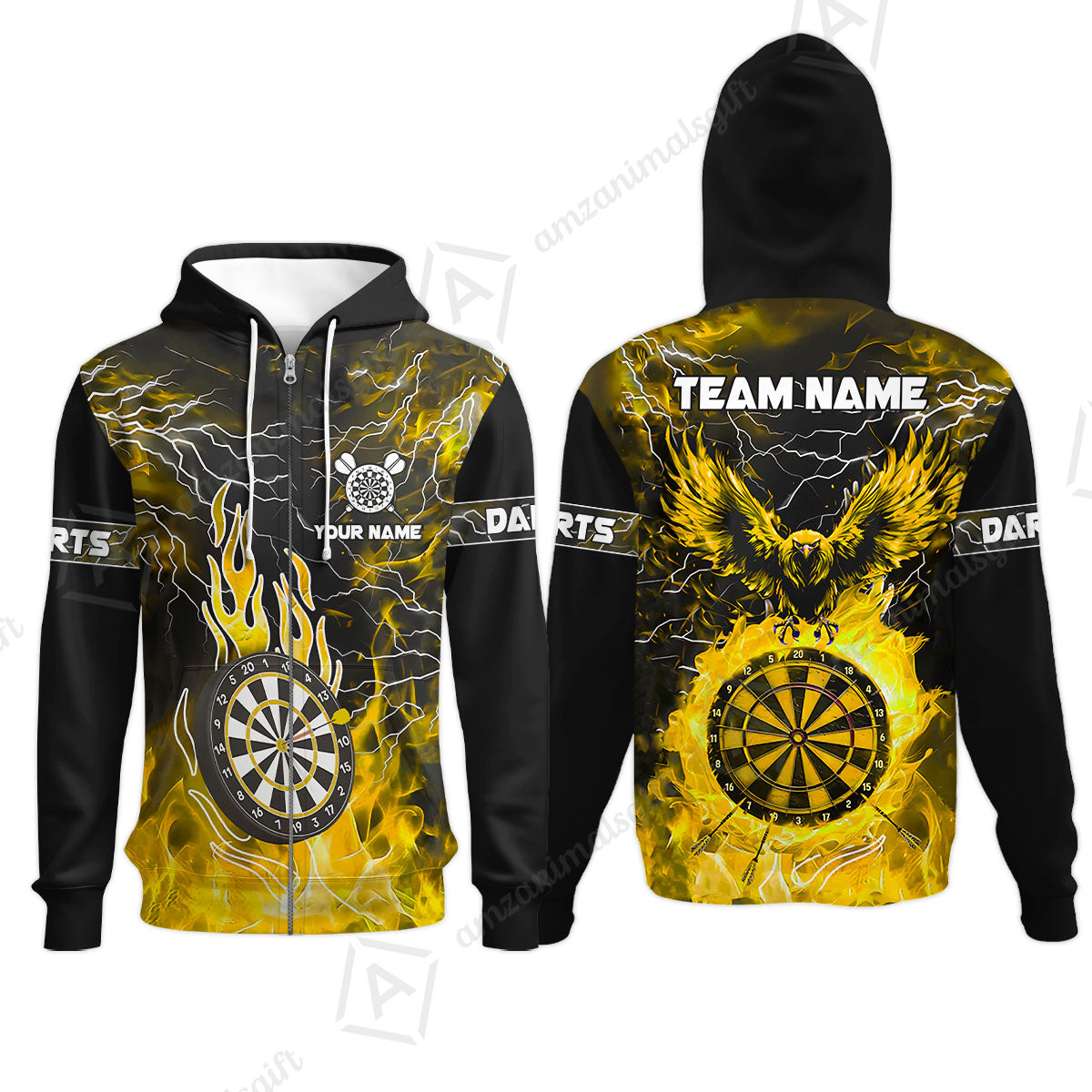 Custom Darts Team Jersey, Dartboard Fire Flame Custom Eagle Darts Jersey Polo Quarter-Zip Shirts, Custom Name And Team Name Darts Uniforms Jersey