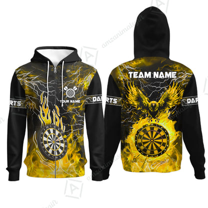 Custom Darts Team Jersey, Dartboard Fire Flame Custom Eagle Darts Jersey Polo Quarter-Zip Shirts, Custom Name And Team Name Darts Uniforms Jersey