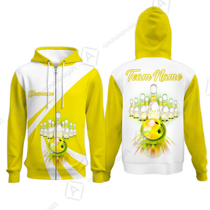 Bowling Customized Jersey White Yellow Shirt Rolling Bowling Tenpin Quarter Zip Shirt, Outfit For Bowlers, Bowling Team