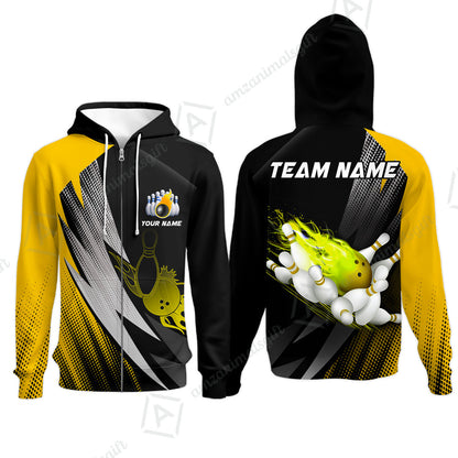Customized Bowling Zip Hoodie, Bowling Ball And Pins Thunder Polka Dot Motifs Multicolor Option Customized Name And Team Polo Shirts