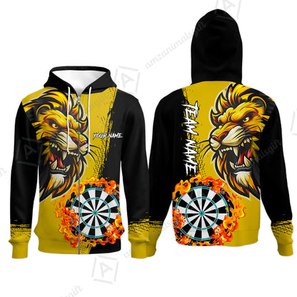 Custom Turquoise Funny Darts Team Unisex Polo Shirts, Darts uniforms Flame Lion Pattern Personalized Name And Team Name