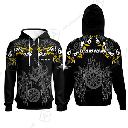 Customized Darts Zip Hoodie, Dartboard Fire Flame Darts Zip Hoodie Multicolor Team Style, Jersey for Darts Players