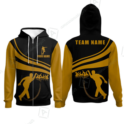 Bowling Custom Name Zip Hoodie - Black and Gold Men Bowlers Personalized Zip Hoodie