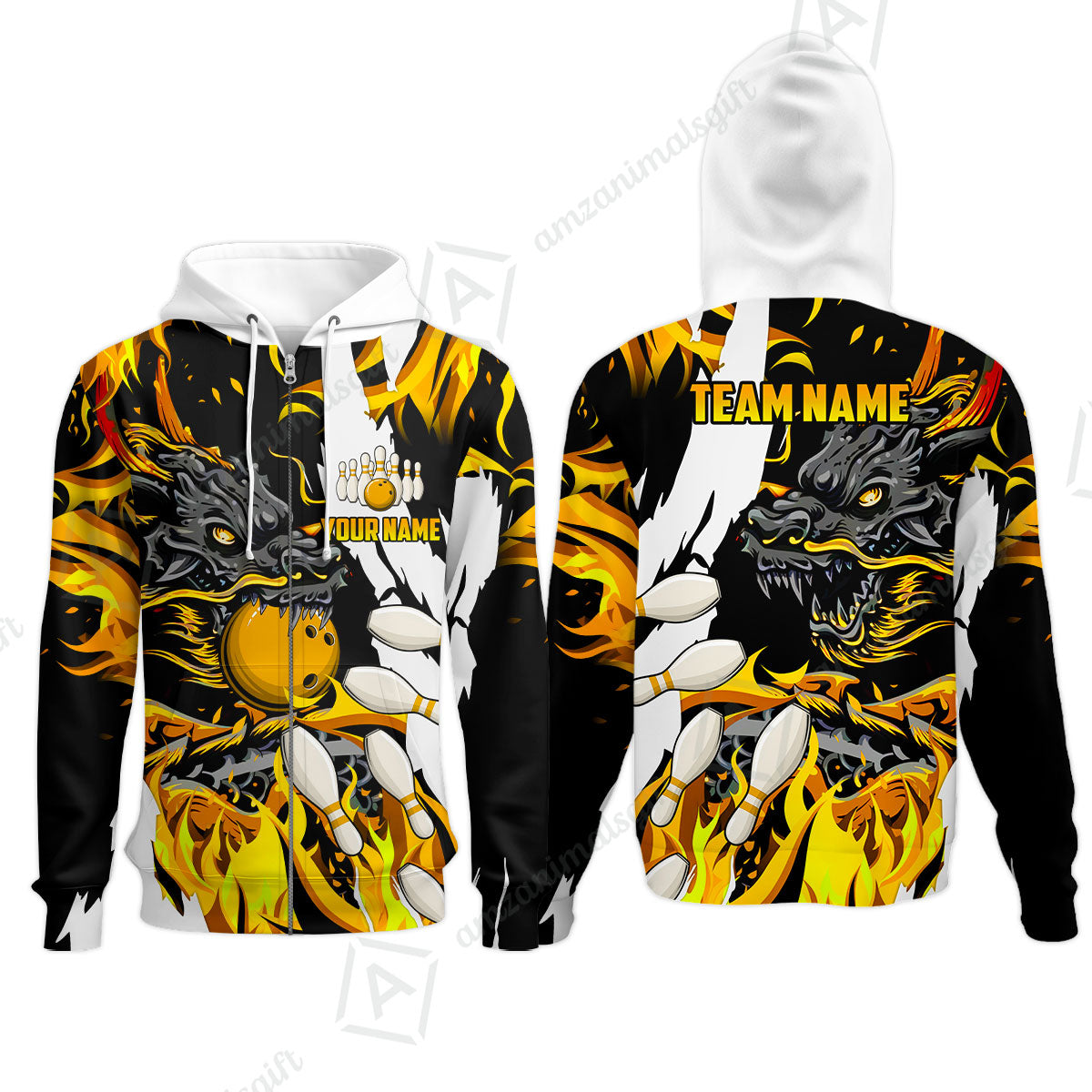 Custom Bowling Team Zip Hoodie, Bowling uniforms Ball & Pins Dragon Flame Pattern Personalized Name And Team Name