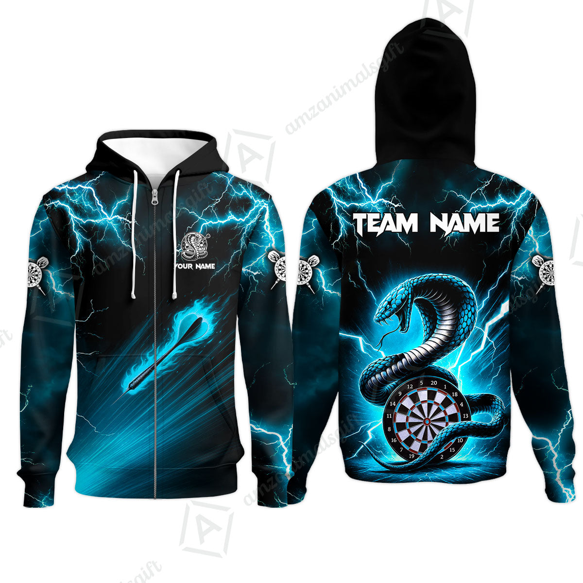 Customized Darts Zip Hoodie, Darts Thunder Lightning Cobra Snake Multicolor Zip Hoodie For Darts Player