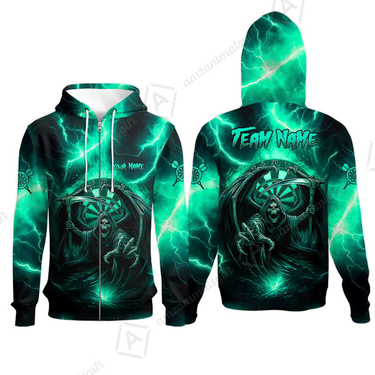 Customized Darts Zip Hoodie, Darts Grim Reaper Thunder Lightning Turquoise And Blue Team Jersey For Darts Player