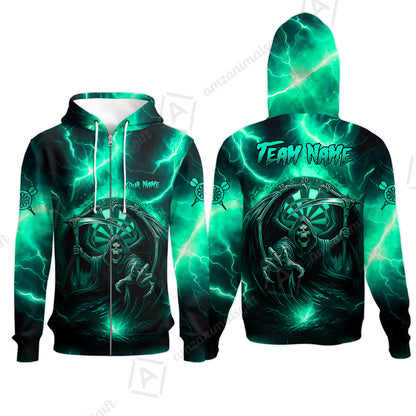 Customized Darts Zip Hoodie, Darts Grim Reaper Thunder Lightning Turquoise And Blue Team Jersey For Darts Player