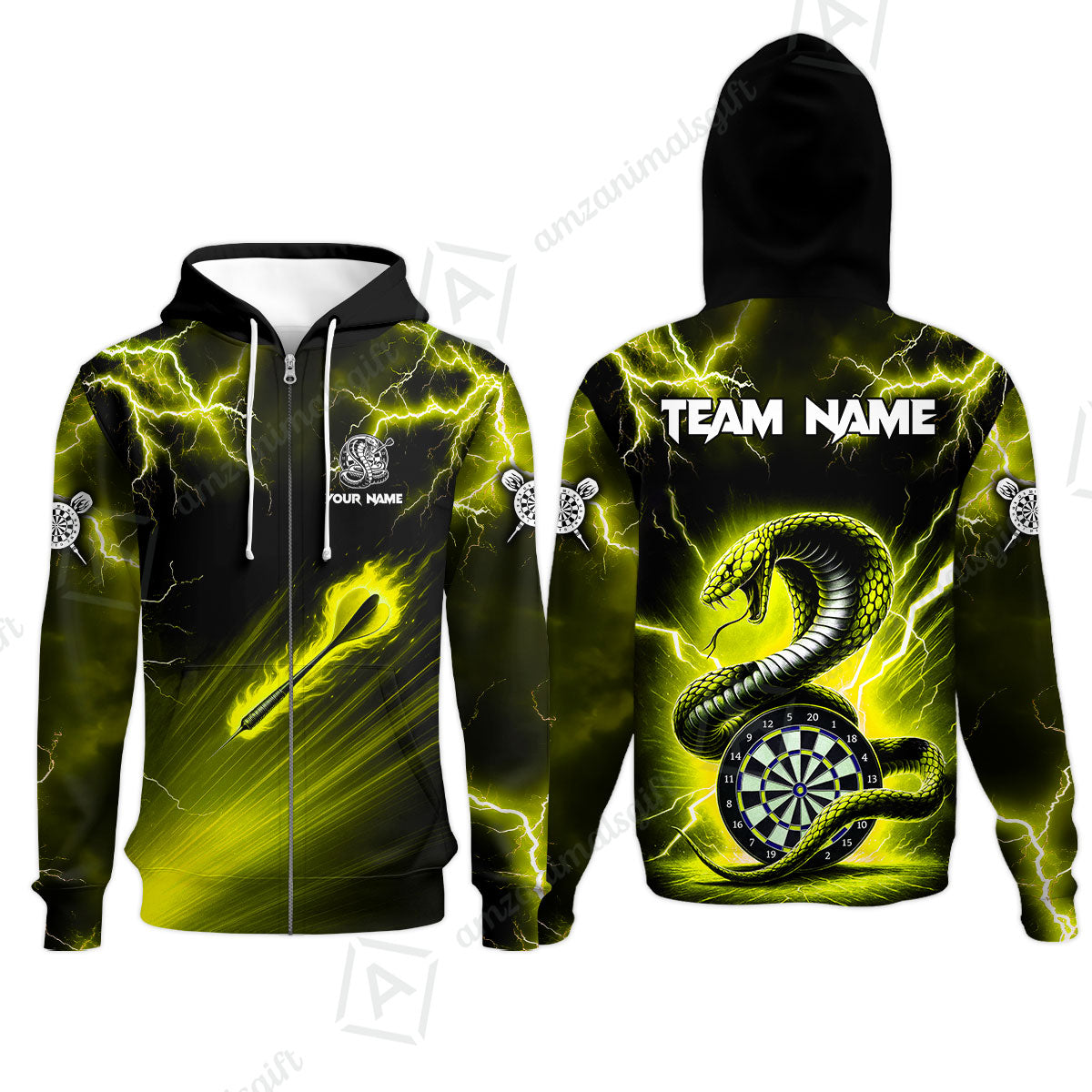 Customized Darts Zip Hoodie, Darts Thunder Lightning Cobra Snake Multicolor Zip Hoodie For Darts Player