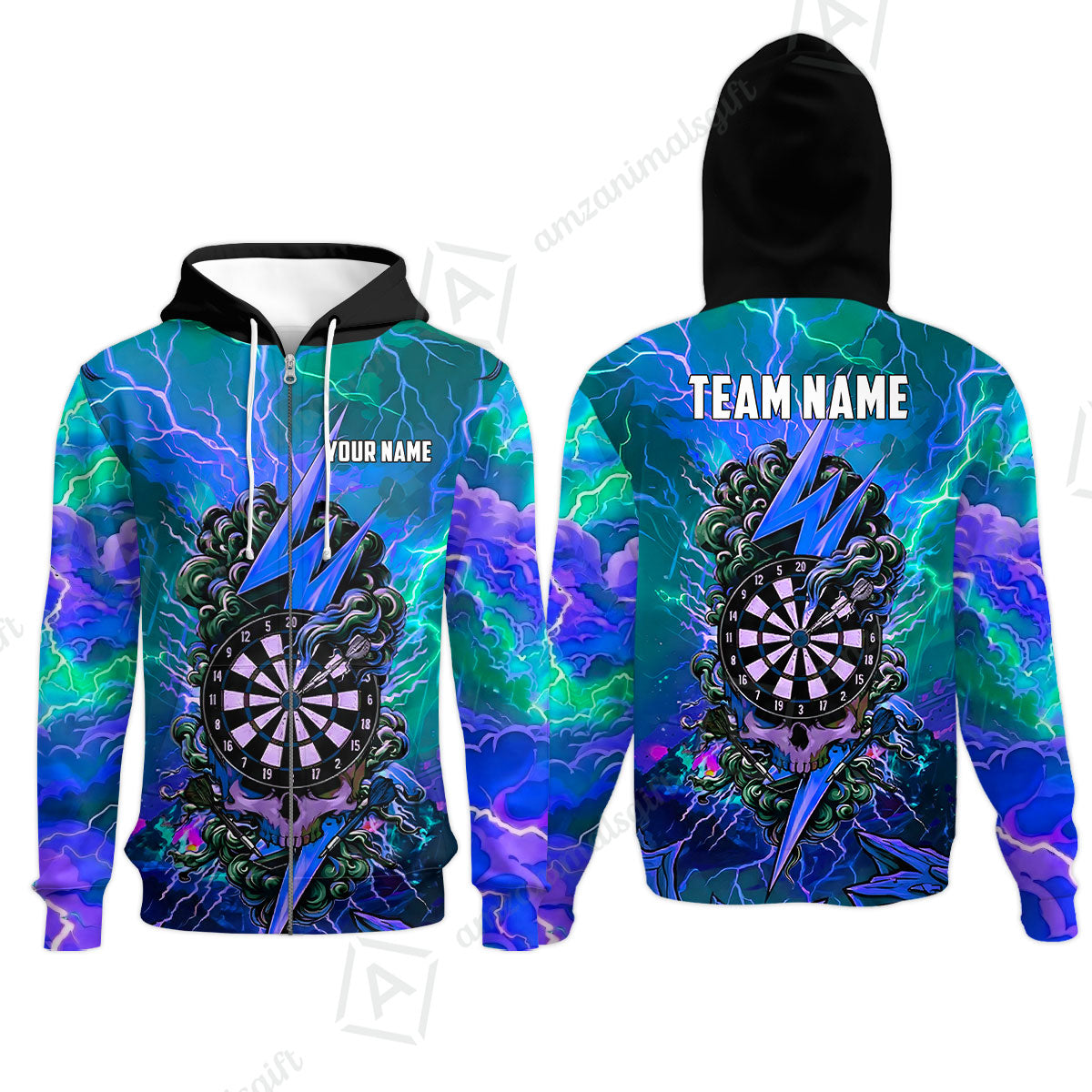 Custom Darts Team Jersey, Personalized Lightning Skull Dart Polo Shirt For Players With Name & Team Name