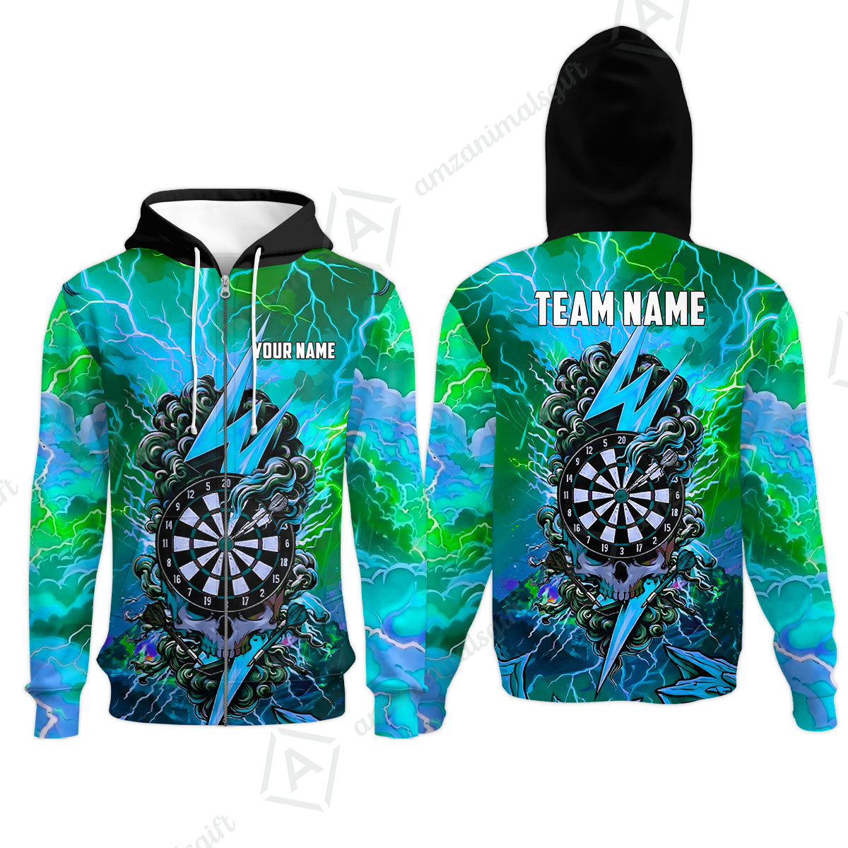 Custom Darts Team Jersey, Personalized Lightning Skull Dart Polo Shirt For Players With Name & Team Name