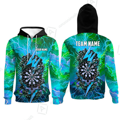 Custom Darts Team Jersey, Personalized Lightning Skull Dart Polo Shirt For Players With Name & Team Name