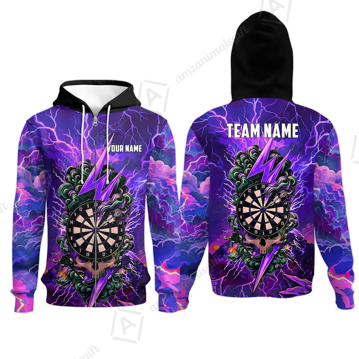 Custom Darts Team Jersey, Personalized Lightning Skull Dart Polo Shirt For Players With Name & Team Name