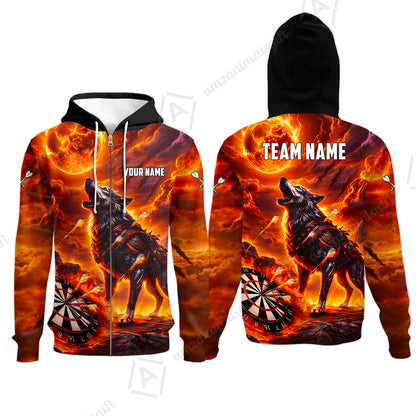 Custom Darts Team Jersey, Personalized Flaming Wolf Jersey Shirt For Players With Name & Team Name