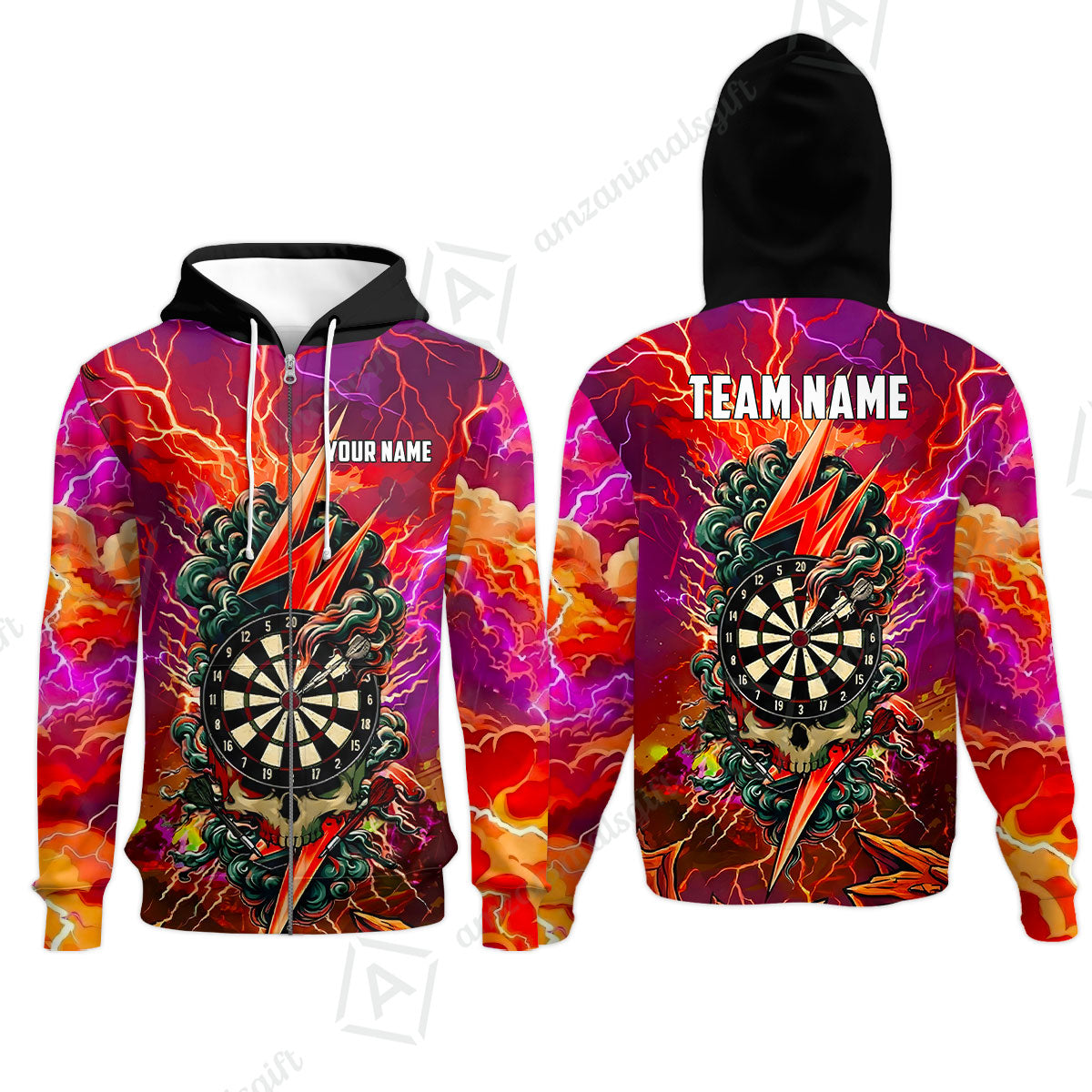 Custom Darts Team Jersey, Personalized Lightning Skull Dart Polo Shirt For Players With Name & Team Name