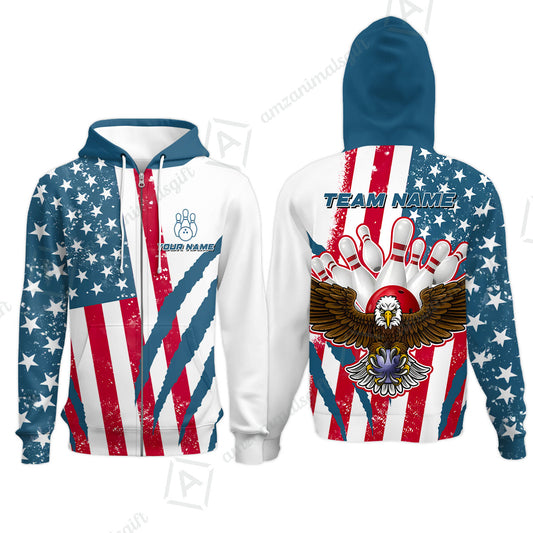 Customized Patriotic Bowling Zip Hoodie, American Flag & Eagle Claw-mark Zip Hoodie, Perfect For Bowling Team