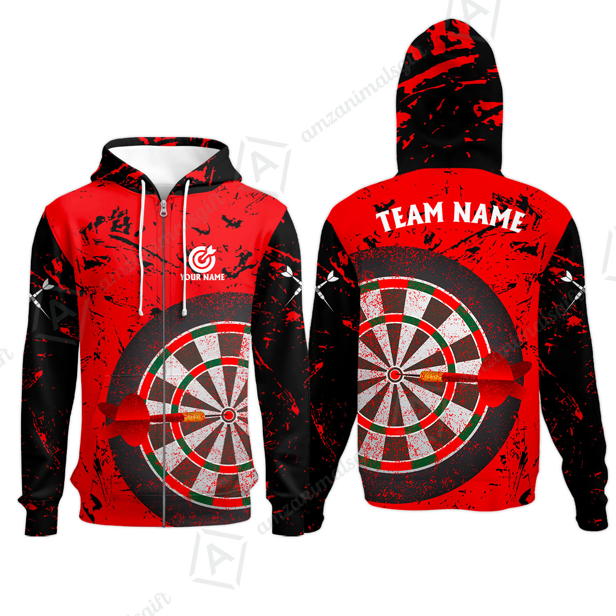 Red Dartboard Pattern Custom Darts Team Jersey Polo Quarter-Zip Shirts, Customized Name Team Name Darts Team Jerseys Uniform
