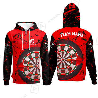 Red Dartboard Pattern Custom Darts Team Jersey Polo Quarter-Zip Shirts, Customized Name Team Name Darts Team Jerseys Uniform