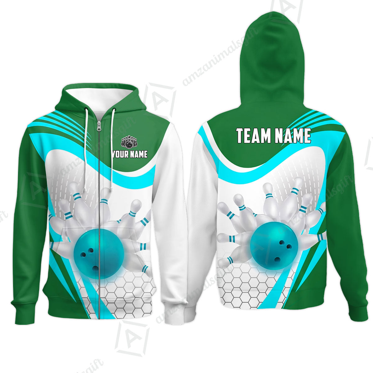Custom Bowling Jersey Polo Shirt, Geometric Streamline & Fresh Mint, Custom Bowling Jersey Team Shirt For Players With Name & Team Name