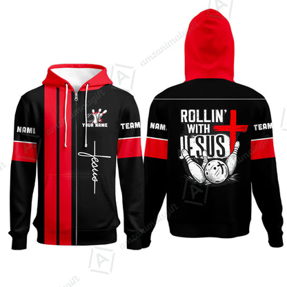 Custom Bowling Jersey Polo Shirt, Rollin With Jesus Bowling Custom Bowling Jersey Team Shirt For Players With Name & Team Name