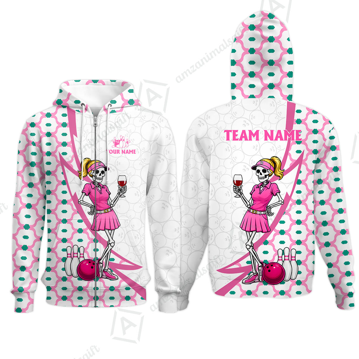 Custom Bowling Jersey Polo Shirt, Pink Skeleton Bowling, Personalize Name and Team Name