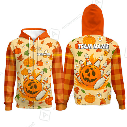 Customized Bowling Team Polo Jersey, Bowling Halloween Pumpkin Style Uniform Shirt For Bowlers