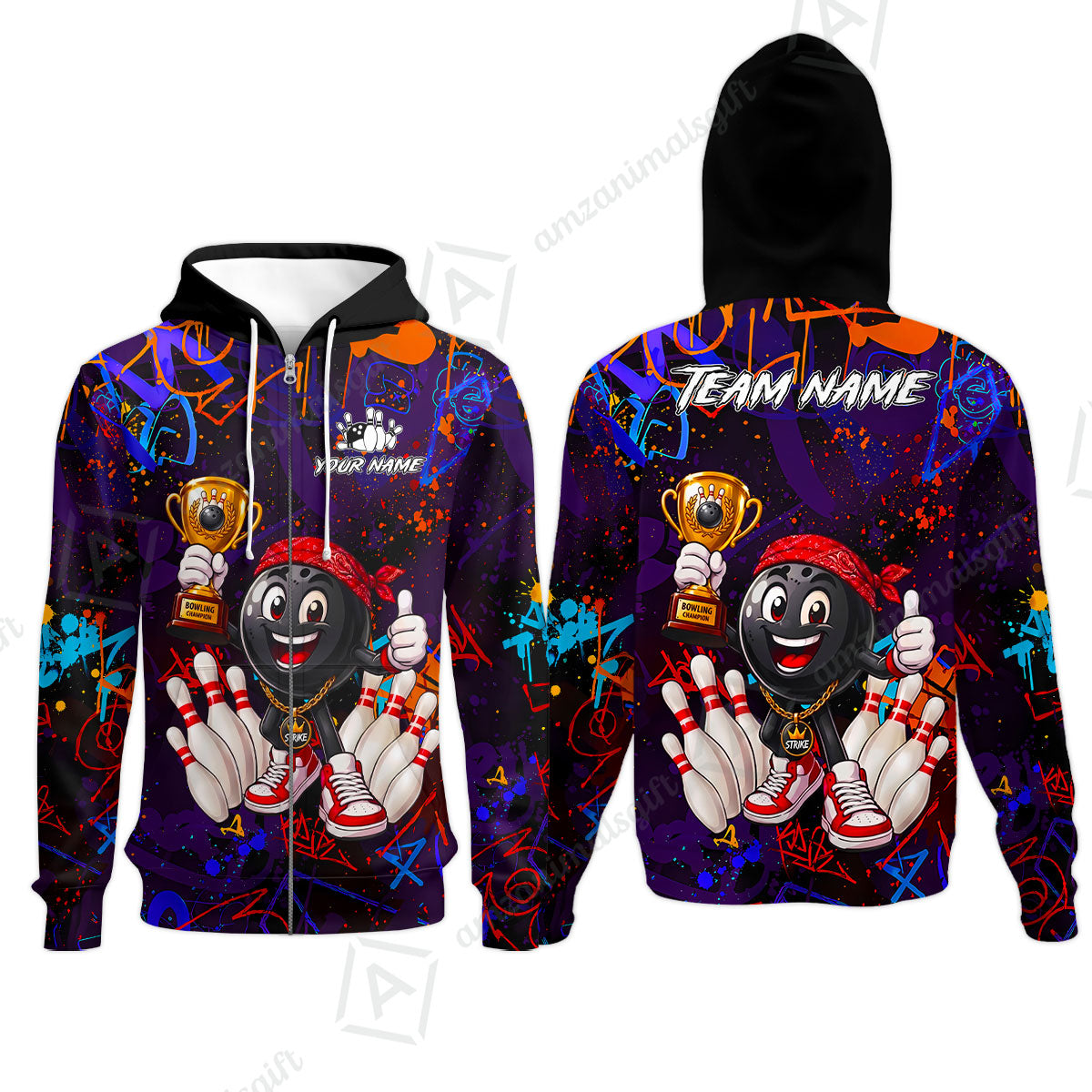 Custom Bowling Jersey Polo Shirt, Graffiti Champion, Custom Bowling Jersey Team Shirt For Players With Name & Team Name