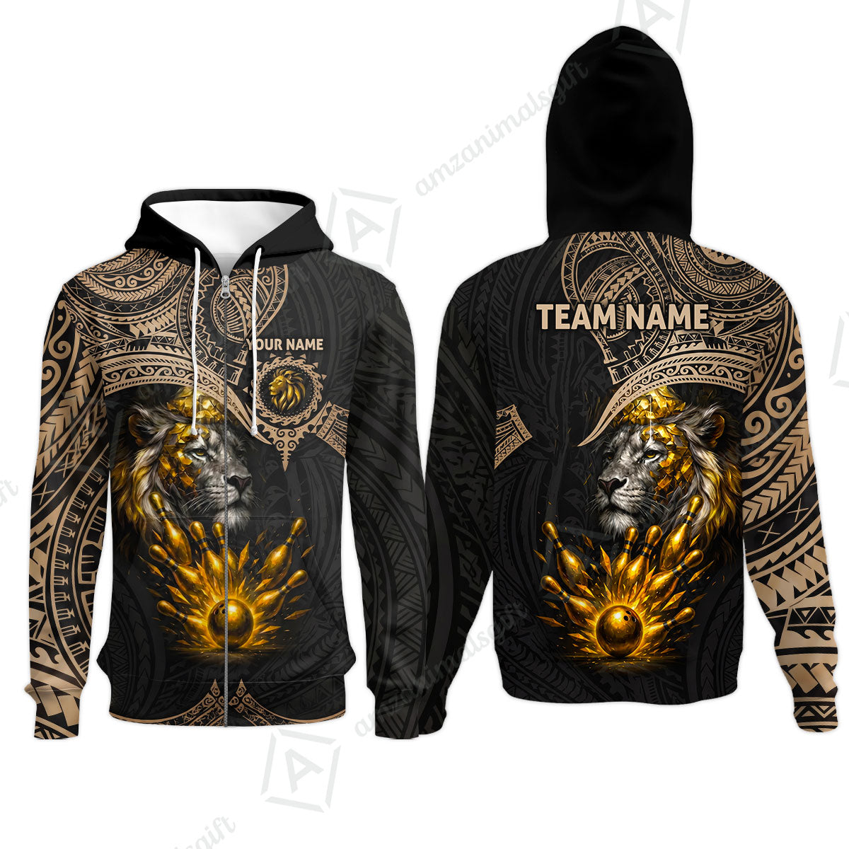 Custom Bowling Jersey Polo Shirt, Regal Golden Tribal Lion, Custom Bowling Jersey Team Shirt For Players With Name and Team Name