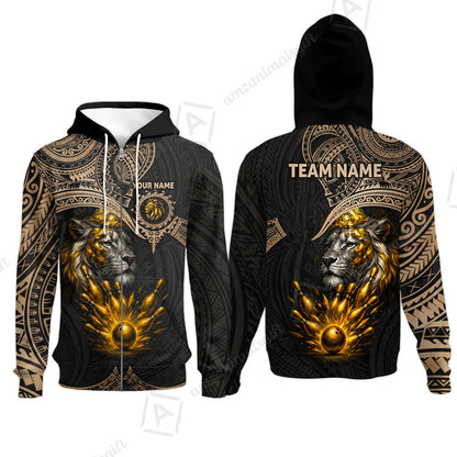 Custom Bowling Jersey Polo Shirt, Regal Golden Tribal Lion, Custom Bowling Jersey Team Shirt For Players With Name and Team Name