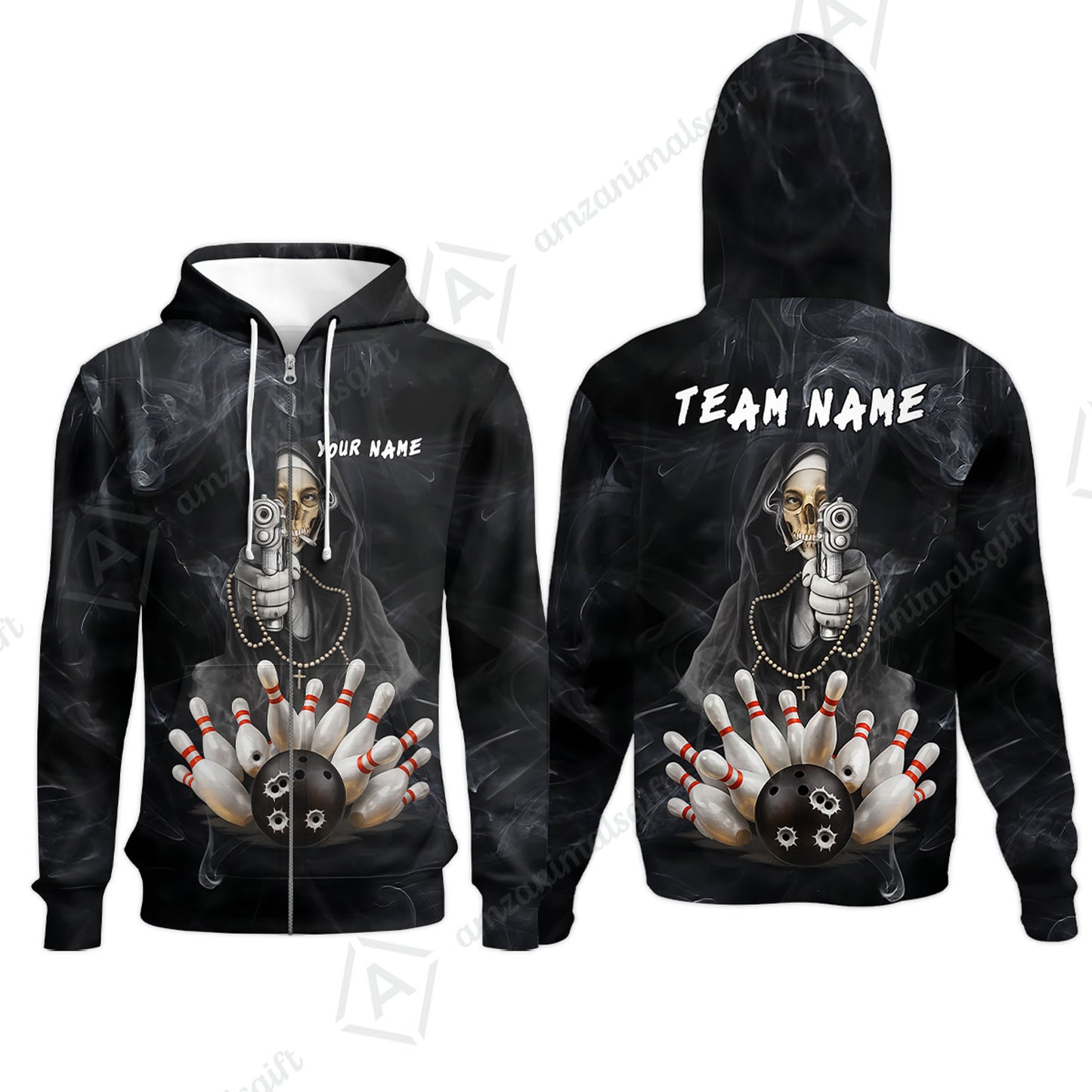 Custom Bowling Jersey Polo Shirt, Badass Smoking Skeleton Nun Gun Strike, Custom Bowling Jersey Team Shirt For Players With Name & Team Name