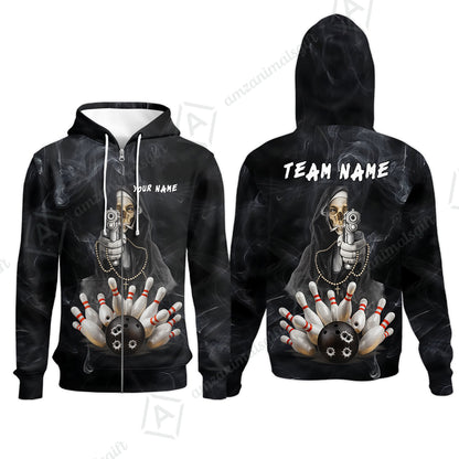 Custom Bowling Jersey Polo Shirt, Badass Smoking Skeleton Nun Gun Strike, Custom Bowling Jersey Team Shirt For Players With Name & Team Name