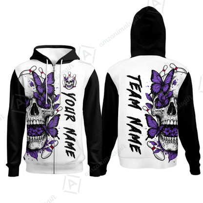 Custom Bowling Jersey Polo Shirt, Skull With Butterfly, Custom Bowling Jersey Team Shirt For Players With Name and Team Name