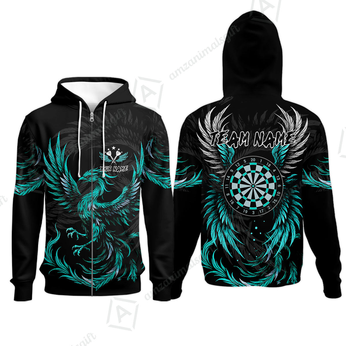 Custom Darts Team Zip Hoodie, Phoenix Dartboard Wings Darts Jersey Zip Hoodie, Custom Name And Team Name Darts Uniforms Jersey