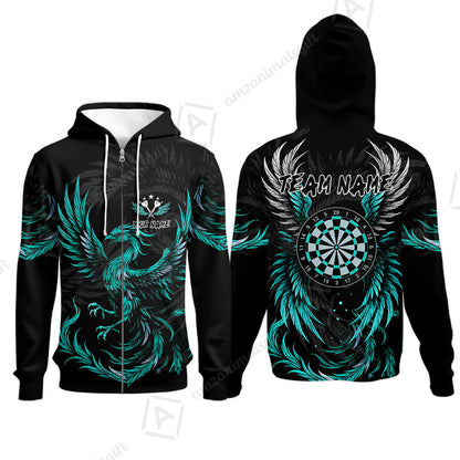 Custom Darts Team Zip Hoodie, Phoenix Dartboard Wings Darts Jersey Zip Hoodie, Custom Name And Team Name Darts Uniforms Jersey