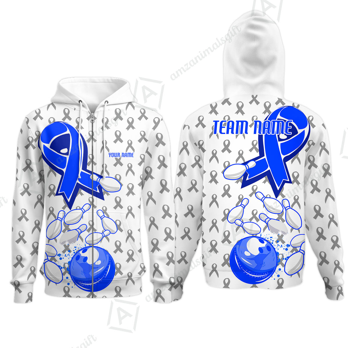 Custom Bowling Team Uniform Shirts, Blue Ribbon & Bowling Pins Strike Graphic Shirt, Personalized Team & Player Jersey
