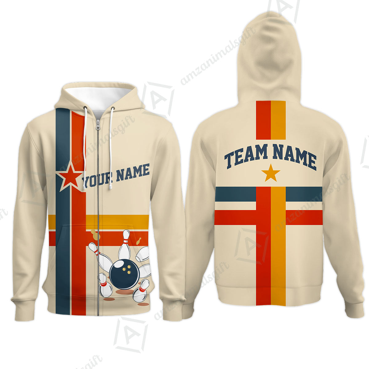 Customized Bowling Zip Hoodie, Vintage Americana Bowling Style Zip Hoodie For Bowling Team, Bowlers