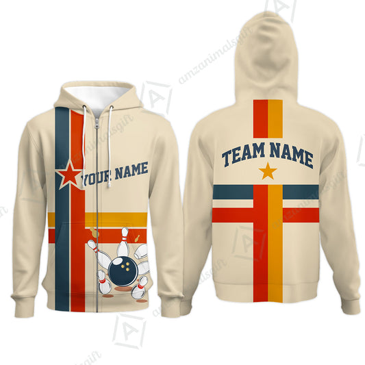 Customized Bowling Zip Hoodie, Vintage Americana Bowling Style Zip Hoodie For Bowling Team, Bowlers