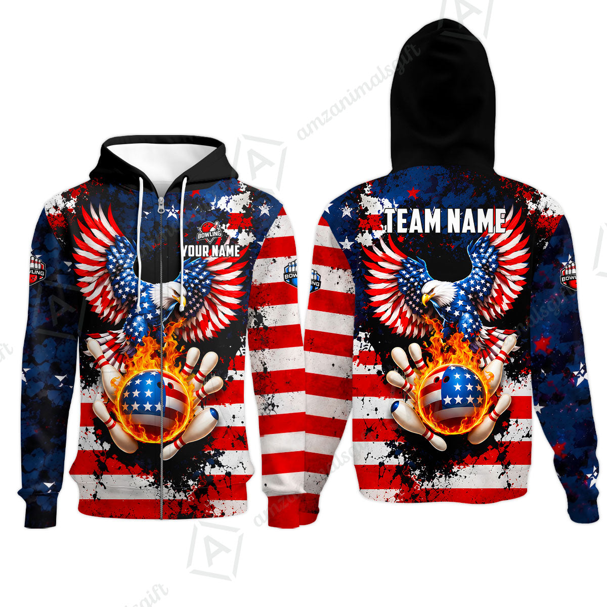 Customized USA Bald Eagle Fire Ball Bowling Jersey, Custom Name And Team Name For Bowlers