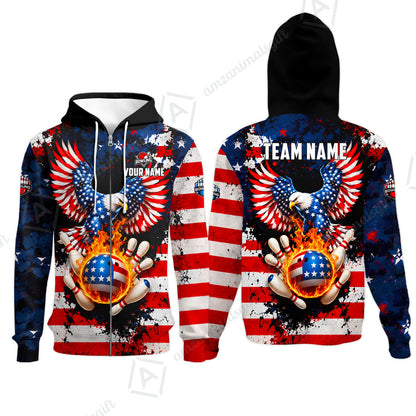 Customized USA Bald Eagle Fire Ball Bowling Jersey, Custom Name And Team Name For Bowlers