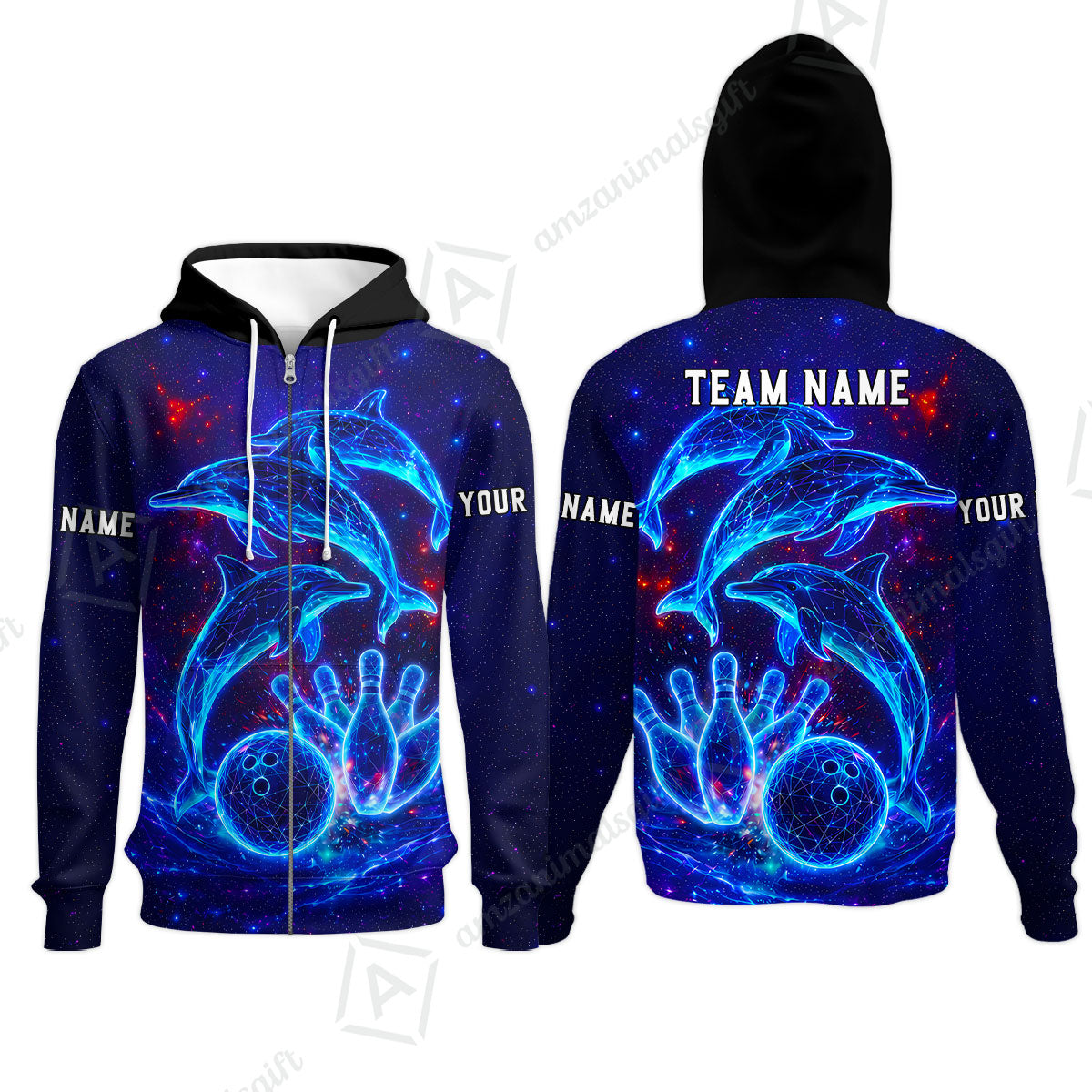 Customized Bowling Shirt, Cosmic Dolphin, Personalized Polo Shirt For Players With Name & Team Name