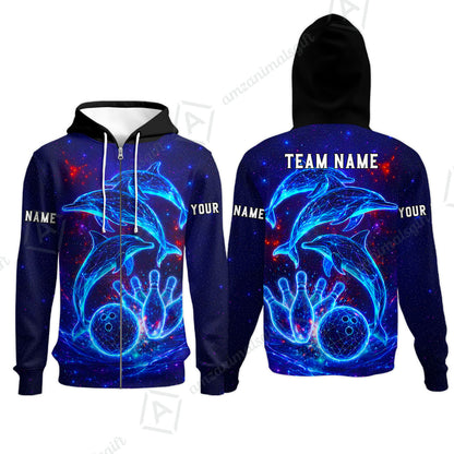 Customized Bowling Shirt, Cosmic Dolphin, Personalized Polo Shirt For Players With Name & Team Name