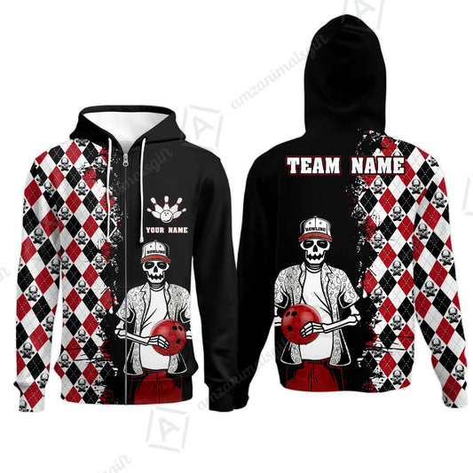 Bowling Custom Bowling Zip Hoodie - Custom Name Skull Men, Argyle Bowling Pattern Personalized Bowling Polo Shirt - Perfect Gift For Friend, Family