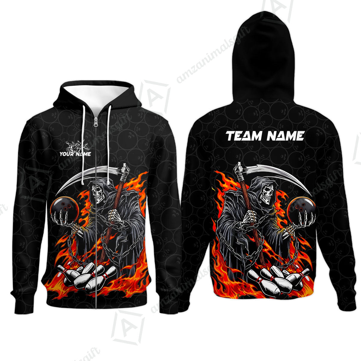 Custom Bowling Jersey Polo Shirt, Grim Reaper Holding Ball, Personalize Name and Team Name