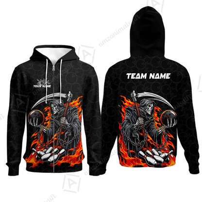 Custom Bowling Jersey Polo Shirt, Grim Reaper Holding Ball, Personalize Name and Team Name