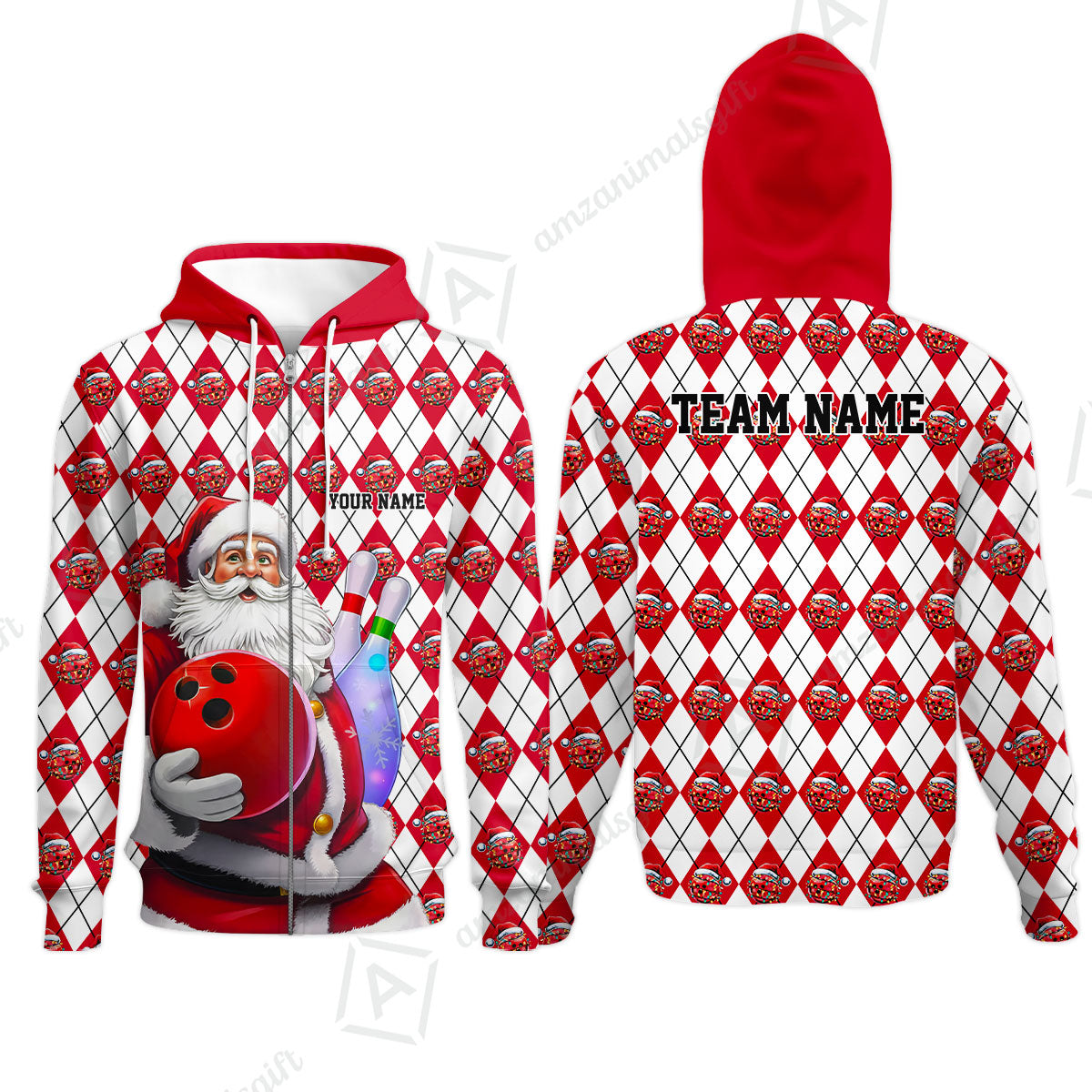 Bowling Argyle Pattern - Custom Christmas Santa Bowling Team Jerseys Polo Shirts, Personalized Christmas Bowling uniforms