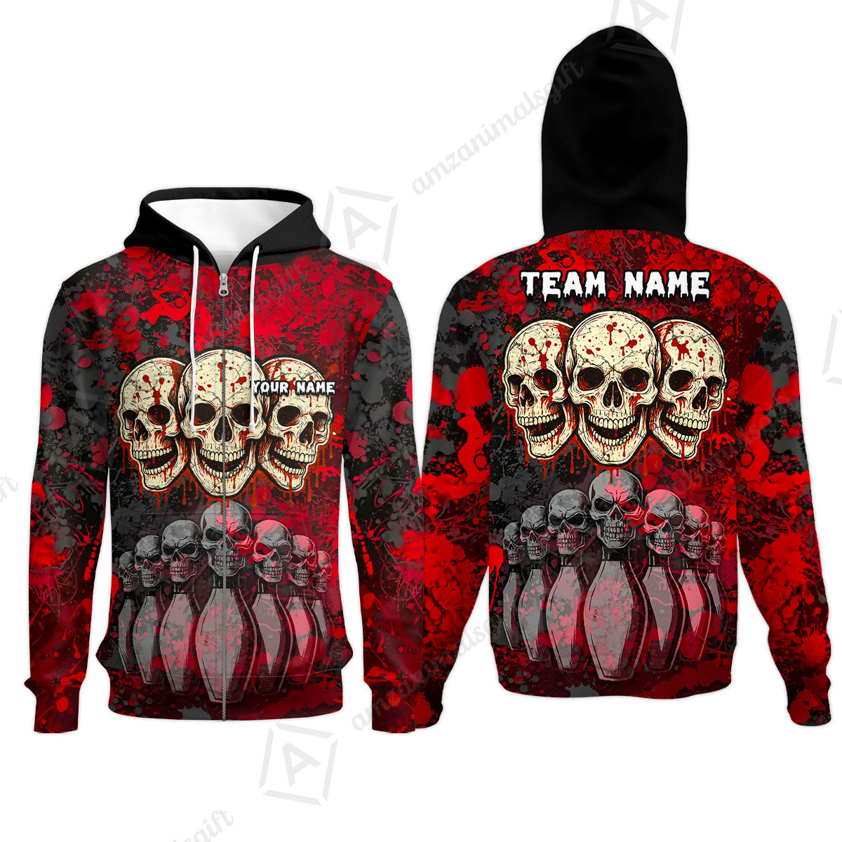 Custom Three Skulls with Red Blood Splash Bowling Team Shirt, Bowling uniforms, Bowling Shirt Personalized Name And Team Name