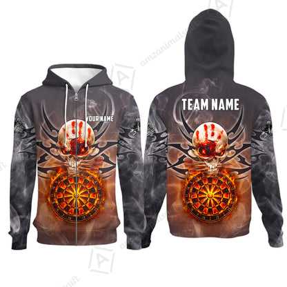 Custom Darts Jersey Polo Shirt, Glowing Fire Skull Tribal, Custom Dart Jersey Team Shirt For Players With Name & Team Name