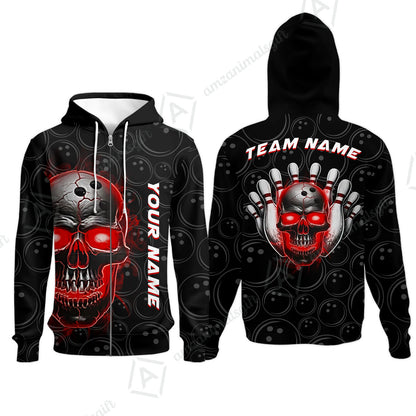 Customized Bowling Team Jersey Skull Flaming In Bowling Pattern Personalized Name Team Name Quarter-Zip Jerseys For Bowlers