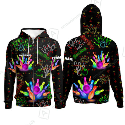 Custom Colorful Neon Bowling Team Jerseys Polo Shirts, Bowling uniforms, Funny Bowling Ball Colorful Neon Bowling Personalized Name And Team Name