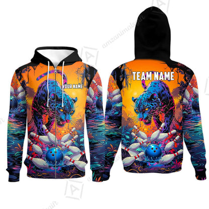 Custom Bowling Jersey Polo Shirt, Psychedelic Neon Jungle Jaguar, Custom Bowling Jersey Team Shirt For Players With Name and Team Name